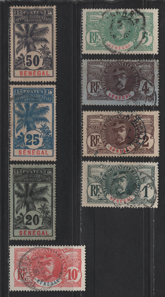 Lot 109 Senegal SC#57-60, 63-64, 68 1c - 50c Slate - Deep Violet Gen. Louis Faidherbe - Oil Palms, 1906 Keyplate Issue, 8 Fine/Very Fine Used Singles