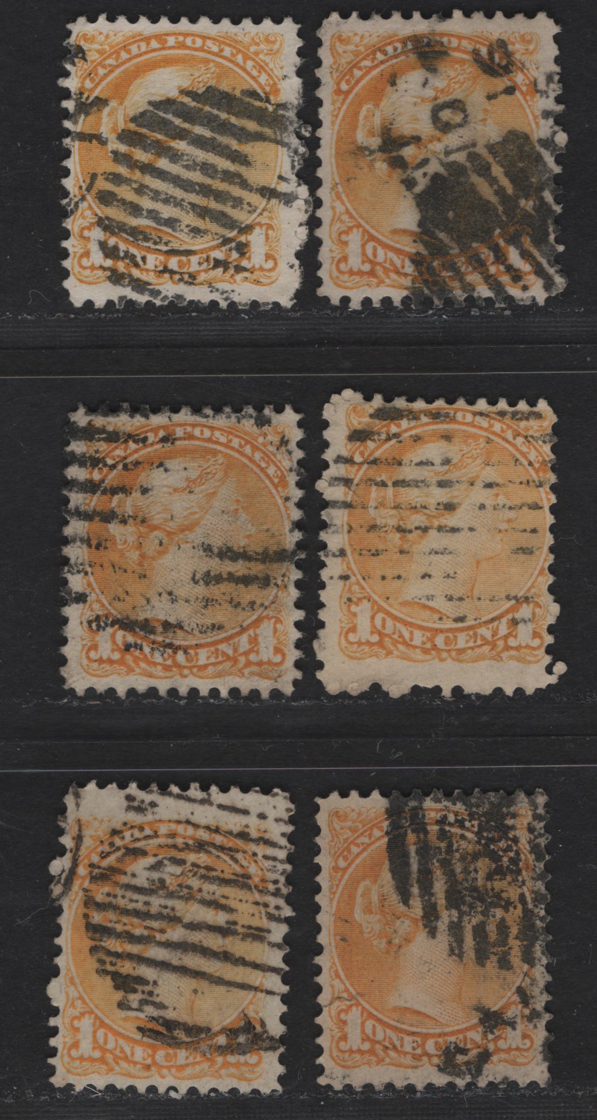 Lot 11 Canada #35vii 1c Ochre Yellow Queen Victoria, 1870-1893 Small Queen Issue, 6 Very Good/Fine Used Singles, Mid Montreal Printings, Paper Types MM-L, EM-A, MM-A, MM-B & MM-F, Perf 11.75x12, Shade Variations