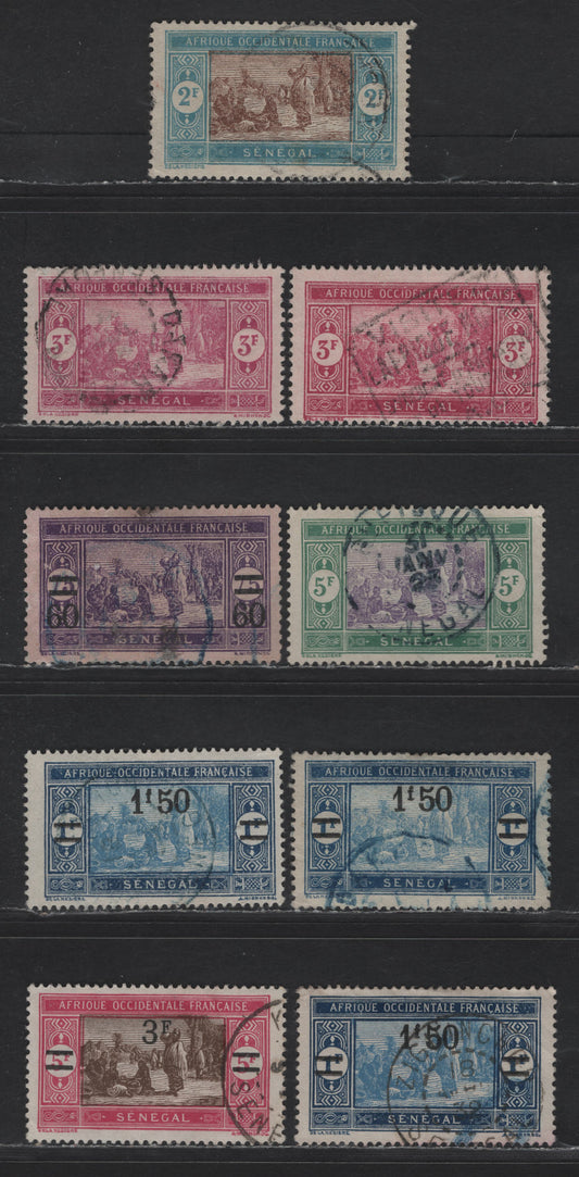 Lot 113 Senegal SC#120-123, 134-135 2fr - 3fr on 5fr Light Blue & Brown - Magenta & Olive Brown Senegalese Preparing Food, 1914-1927 Keyplate & Surcharged Keyplate Issues, 9 Fine/Very Fine Used Singles, Includes Unlisted Shades