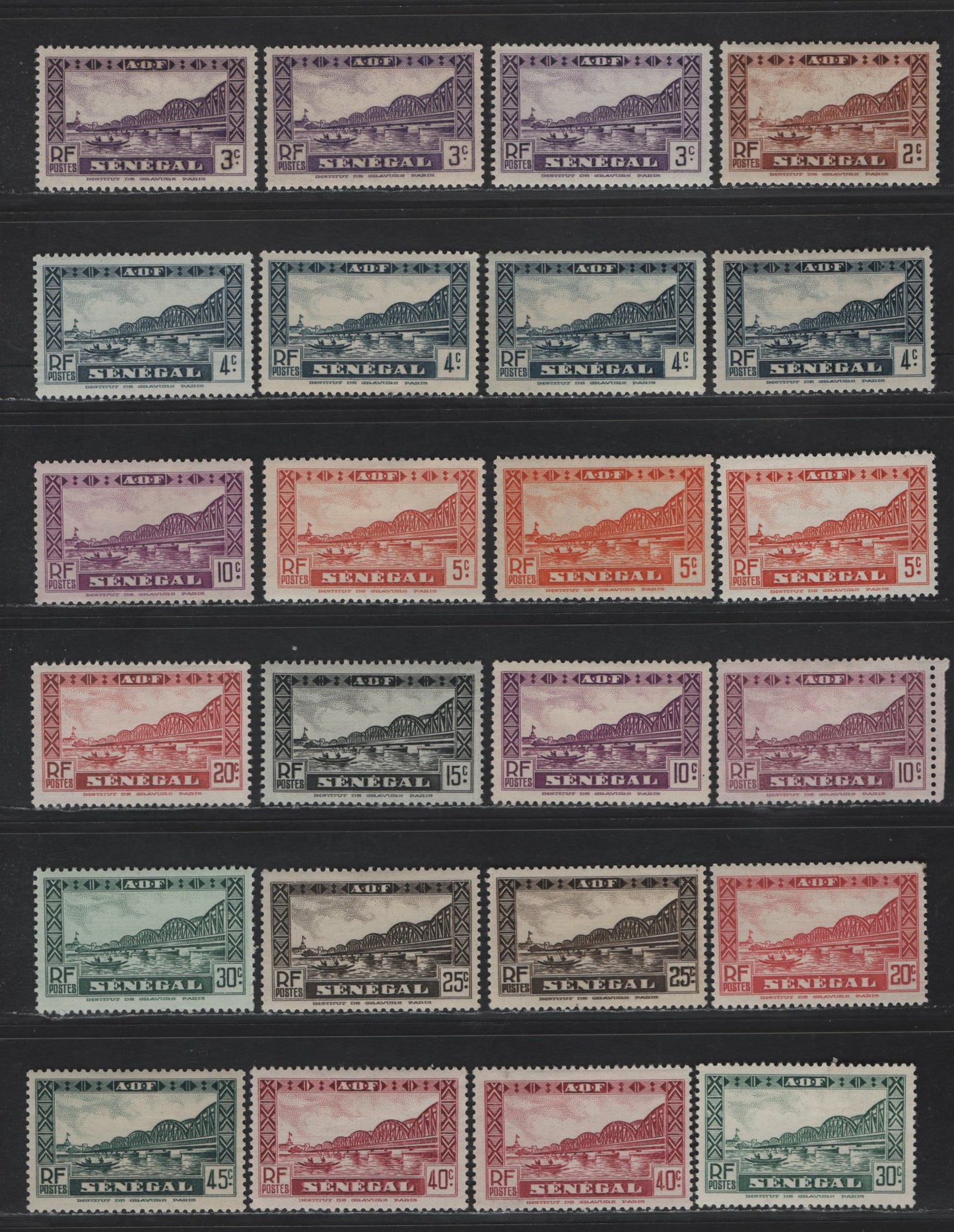 Lot 114 Senegal SC#142-153 45c - 1c Dark Blue Green - Violet Blue Faidherbe Bridge - Diourbel Mosque, 1935-1940 Pictorial Definitive Issue, 30 VFOG Singles, Shade Varieties