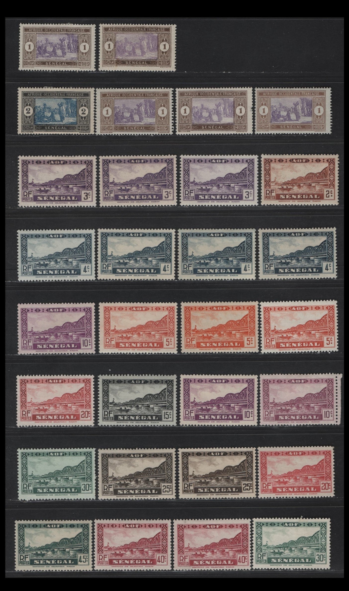 Lot 114 Senegal SC#142-153 45c - 1c Dark Blue Green - Violet Blue Faidherbe Bridge - Diourbel Mosque, 1935-1940 Pictorial Definitive Issue, 30 VFOG Singles, Shade Varieties