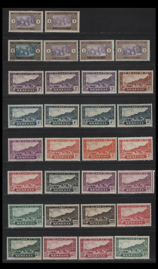 Lot 114 Senegal SC#142-153 45c - 1c Dark Blue Green - Violet Blue Faidherbe Bridge - Diourbel Mosque, 1935-1940 Pictorial Definitive Issue, 30 VFOG Singles, Shade Varieties