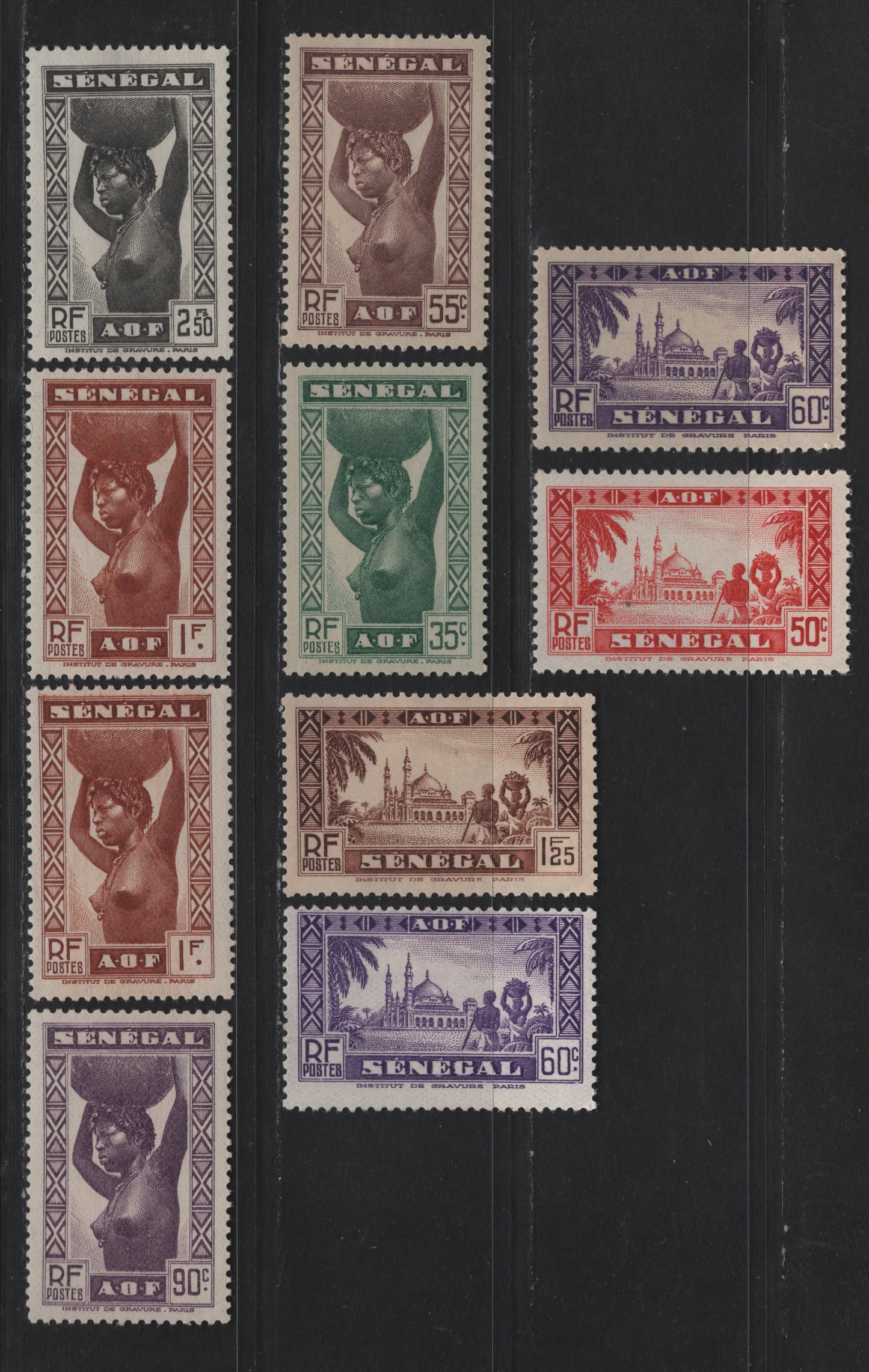 Lot 115 Senegal SC#154/187 50c - 2.50fr Red Orange - Black Faidherbe Bridge - Diourbel Mosque, 1935-1940 Pictorial Definitive Issues, 10 F/VFOG Singles