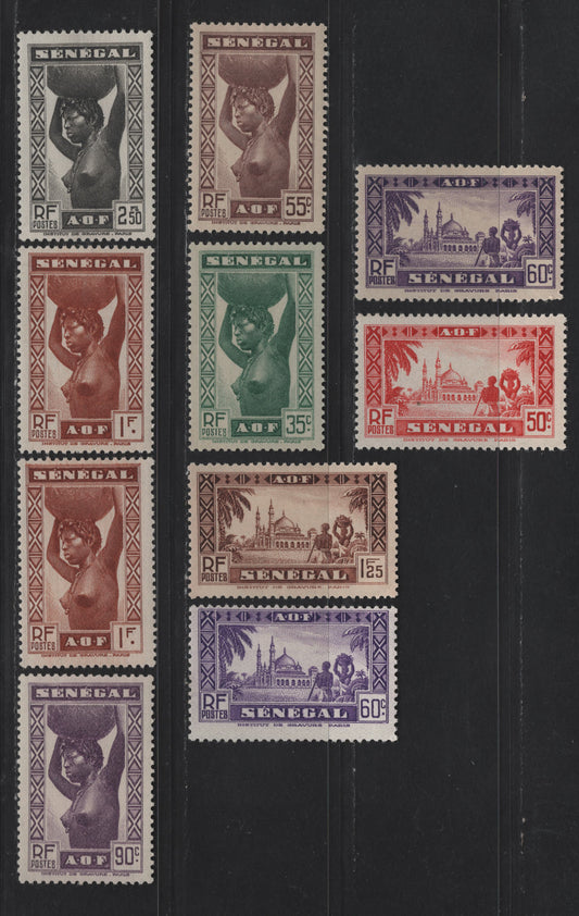 Lot 115 Senegal SC#154/187 50c - 2.50fr Red Orange - Black Faidherbe Bridge - Diourbel Mosque, 1935-1940 Pictorial Definitive Issues, 10 F/VFOG Singles