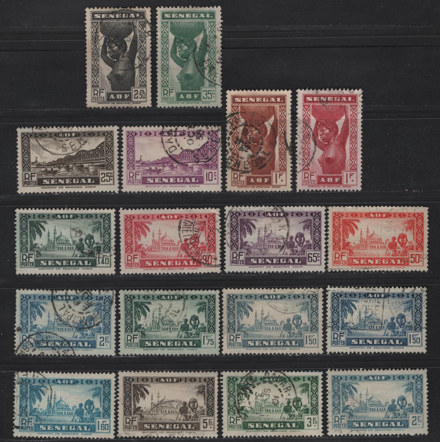 Lot 116 Senegal SC#147/187 10c - 2.50fr Violet - Black Faidherbe Bridge - Diourbel Mosque, 1935-1940 Pictorial Definitive Issues, 18 Fine/Very Fine Used Singles