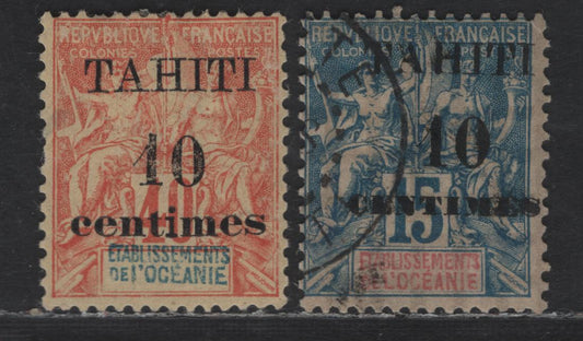 Lot 117 Tahiti SC#29, 31 10c on 15c & 10c on 40c Blue - Red on Straw Peace & Commerce, 1903 Surcharged Issue, 2 FOG & Used Singles