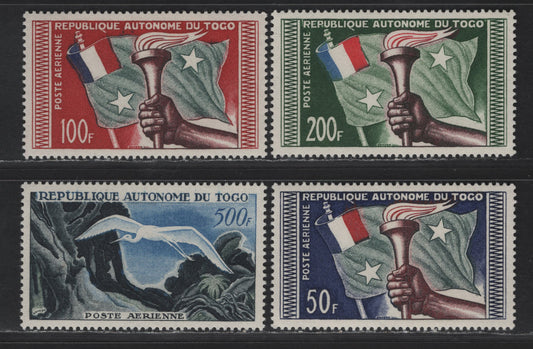 Lot 118 Togo SC#C22-C25 50fr - 500fr Multicolored Flag & Torch - Great White Egret, 1957 Airmail Issue, 4 VFOG Singles