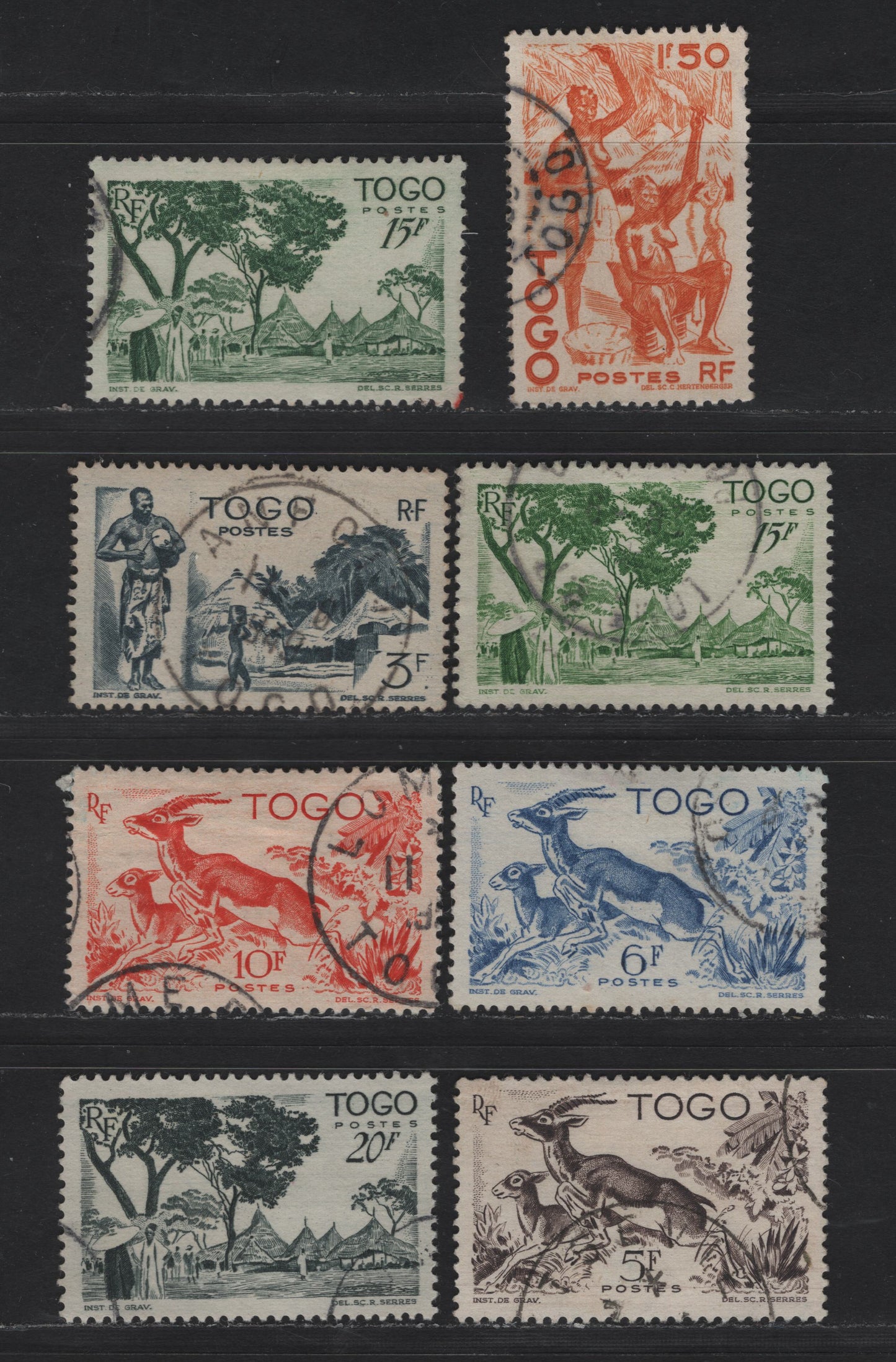 Lot 120 Togo SC#315, 318, 321, 322-325 1.5fr - 20f Orange - Greenish Black Cotton Spinners - Houses of the Cabrais, 1947 Pictorial Issue, 8 Very Fine Used Singles