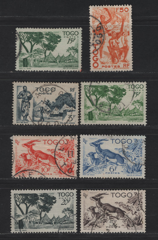 Lot 120 Togo SC#315, 318, 321, 322-325 1.5fr - 20f Orange - Greenish Black Cotton Spinners - Houses of the Cabrais, 1947 Pictorial Issue, 8 Very Fine Used Singles