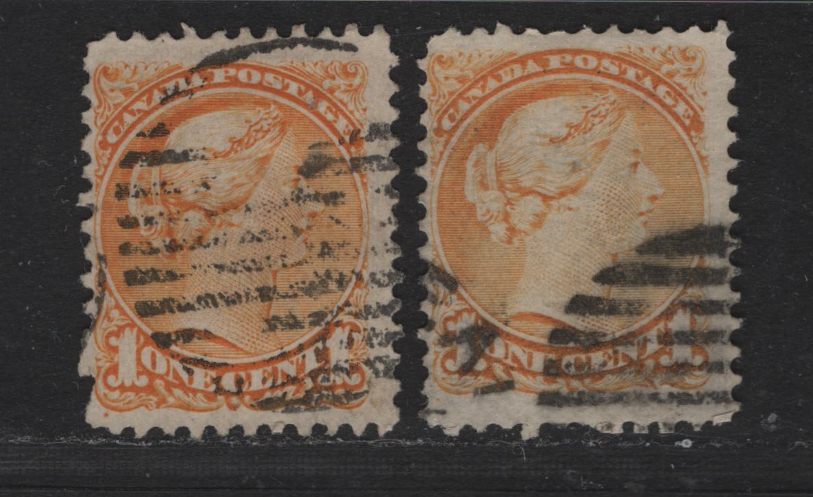 Lot 12 Canada #35a 1c Yellow Orange & Orange Queen Victoria, 1870-1893 Small Queen Issue, 2 Very Good/Fine Used Singles, Mid Montreal Printings, Paper Types FO-B & EM-A, Characteristic Plate Position Dot At Lower Left