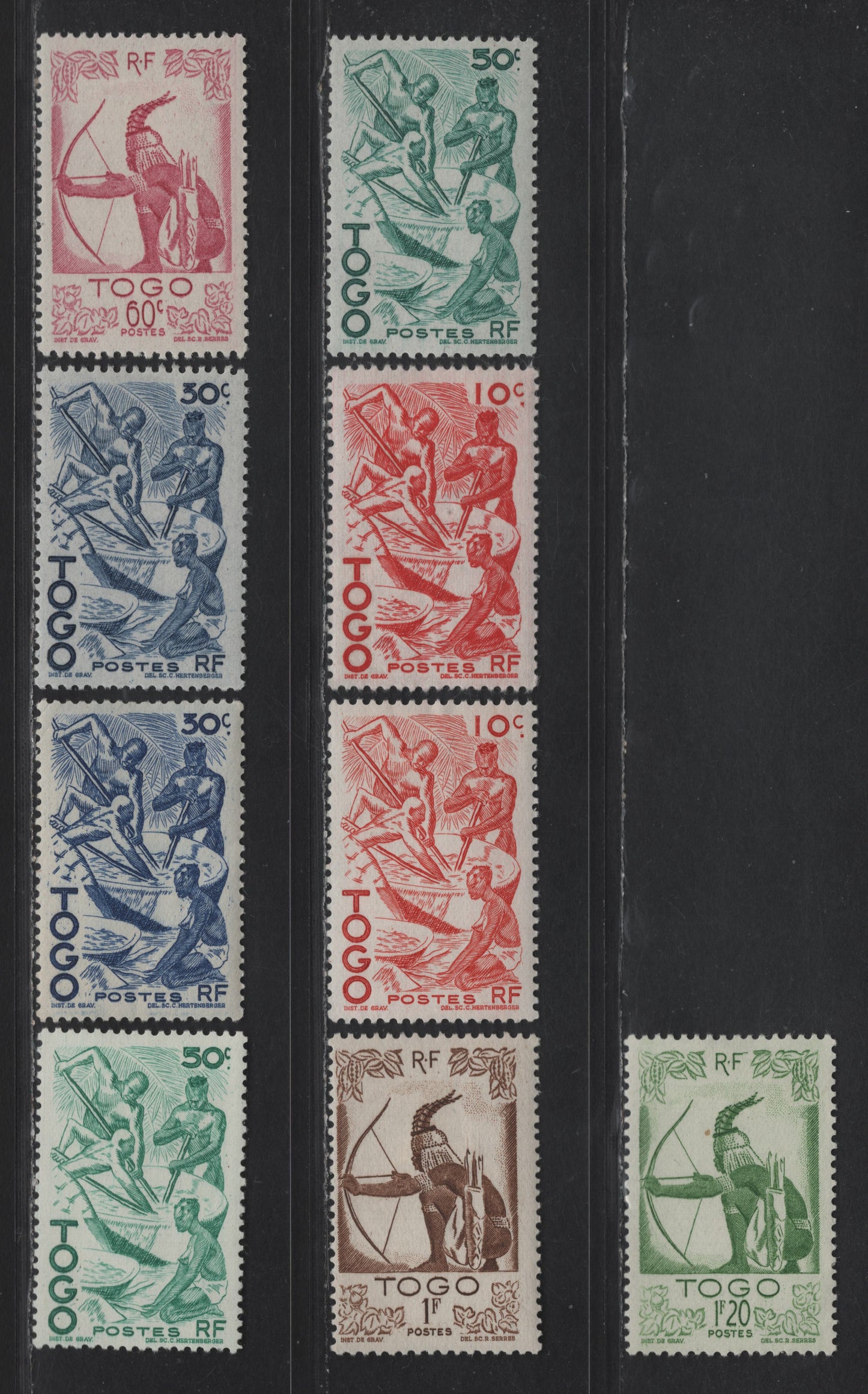 Togo SC#309-314 10c - 1.20fr Dark Red - Yellow Green Extracting Palm Oil - Hunter, 1947 Pictorial Issue, 9 F/VFOG Singles, Plus Additional Shades