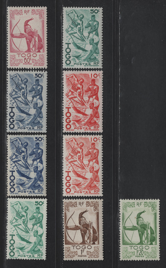 Togo SC#309-314 10c - 1.20fr Dark Red - Yellow Green Extracting Palm Oil - Hunter, 1947 Pictorial Issue, 9 F/VFOG Singles, Plus Additional Shades