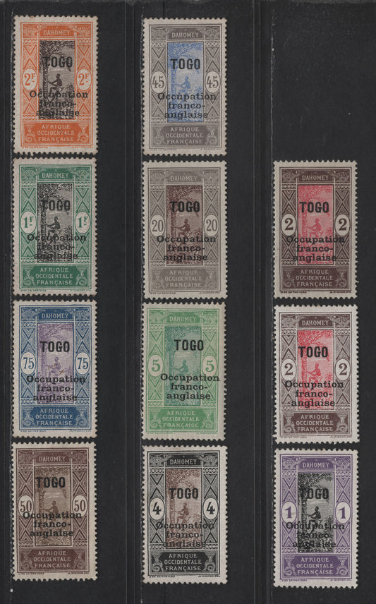 Lot 122 Togo SC#176-177a, 178-179, 182, 187, 188a, 189-191 1c - 2fr Violet & Black - Buff & Chocolate Debarking Tree, 1916-1917 French-English Occupation Overprinted Issue, 11 F/VFOG Singles, Chalky Paper, Plus 2c & 50c Ordinary Paper