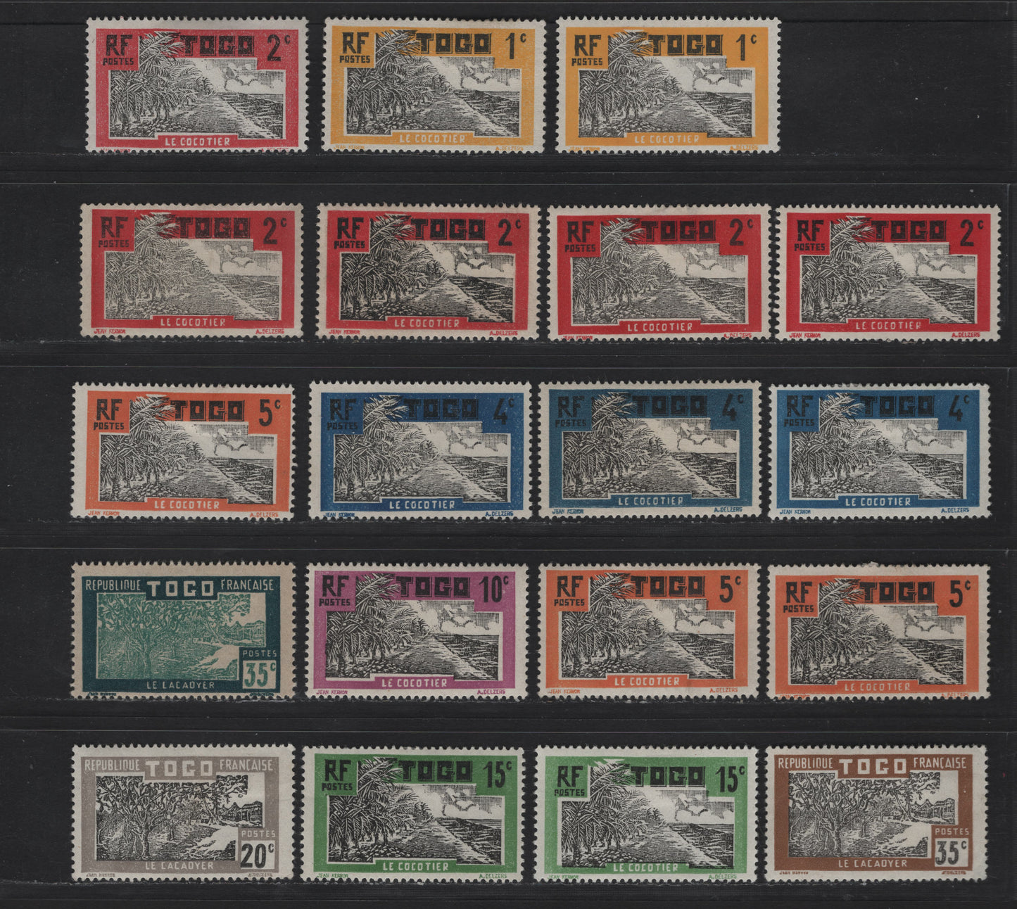 Lot 124 Togo SC#216/247, J9-J13 1c - 20c Yellow & Black - Purple & Black Coconut Grove - Cotton Field, 1924-1938 Pictorial Definitives & Postage Due Issues, 39 F/VFOG Singles, Unlisted Shades