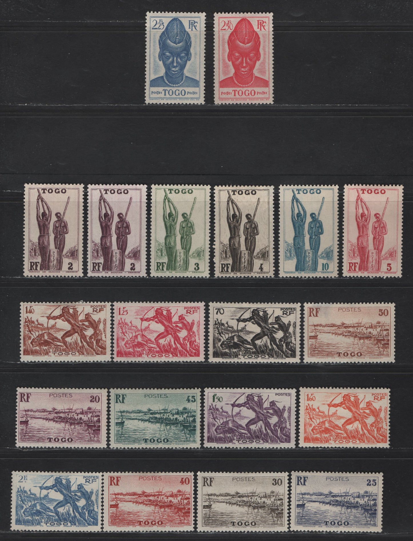 Lot 125 Togo SC#270-274, 276-281, 283, 286-291, 300B 2c - 1.50fr Brown Violet - Lilac & Green Togolese Women - Hunters, 1941-1944 Pictorial Definitives, 20 F/VFOG Singles