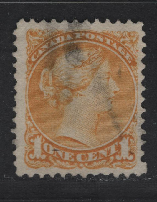 Lot 13 Canada #35ivar 1c Dull Yellow Queen Victoria, 1870-1893 Small Queen Issue, A Fine Used Single, Mid Montreal Printings, Scarce Paper Type MM-M, Plate Dot  At Lower Left
