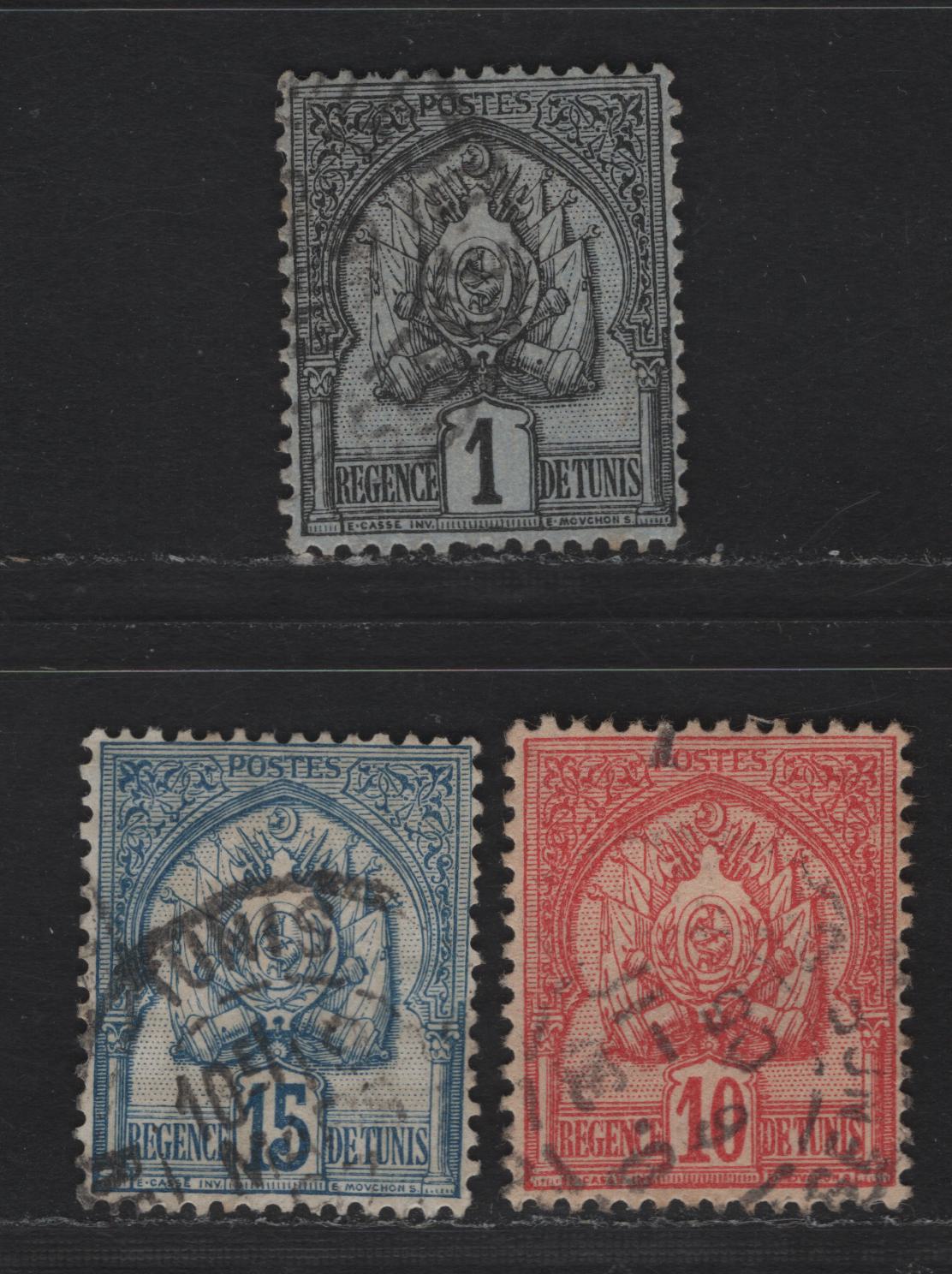 Lot 131 Tunisia SC#9, 14, 27 1c - 15c Black on Lilac - Blue Coat of Arms, 1888-1902 Arms Issue, 3 Very Fine Used Singles