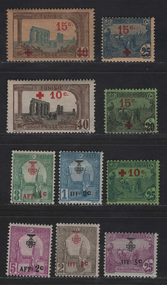 Lot 138 Tunisia SC#B5, B12-B13, B7, B15, B20, B22, B23, B21, B27 10c on 5c - 2c on 5c Blue Green - Red Lilac Coat of Arms, 1916-1923 Semi Postal Issues, 10 FOG Singles