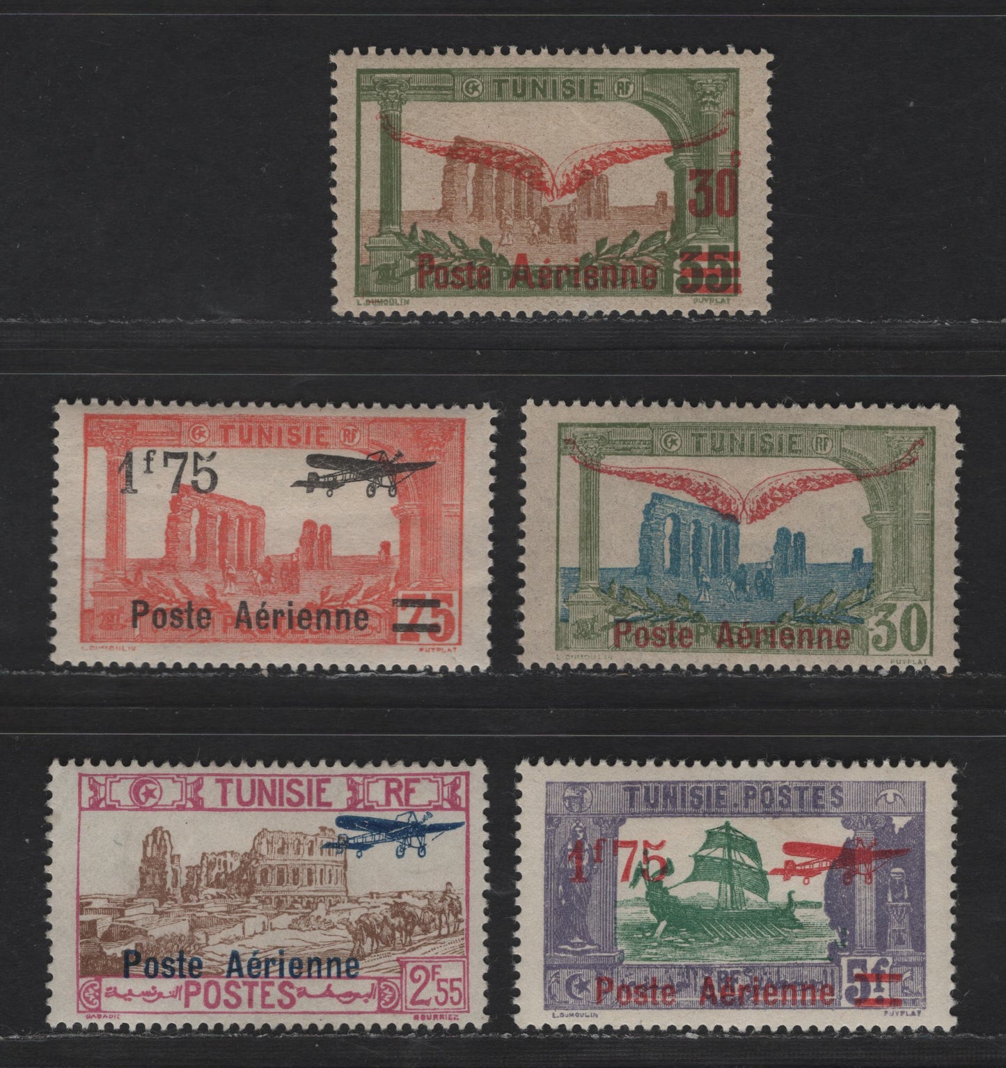 Lot 139 Tunisia SC#C1, C2a, C5-C6, C12 30 on 35c - 1.50fr on 2.55fr Olive Green & Brown - Lilac & Olive Brown Airplanes, 1919-1930 Surcharged Airmail Issue, 5 F/VFOG Singles, Shallow Thin on C12