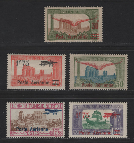 Lot 139 Tunisia SC#C1, C2a, C5-C6, C12 30 on 35c - 1.50fr on 2.55fr Olive Green & Brown - Lilac & Olive Brown Airplanes, 1919-1930 Surcharged Airmail Issue, 5 F/VFOG Singles, Shallow Thin on C12