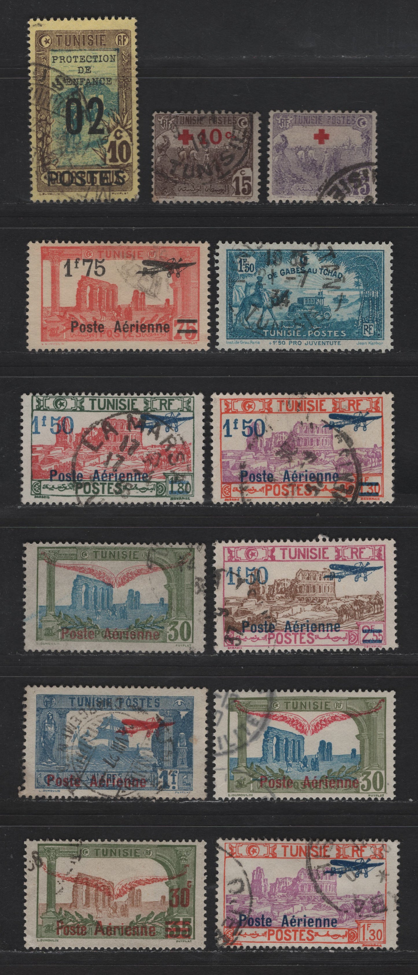 Lot 140 Tunisia SC#C1-C3, C5, C7, C10-C12, B1, B3, B38, B51 30c on 35c - 1.50fr on 2.5fr Olive Green & Brown - Lilac & Olive Brown Mosque at Kairouan - Tunis-Chad Motor Caravan, 1919-1930 Semi Postal - Airmail Issues, 13 Fine/Very Fine Used Singles