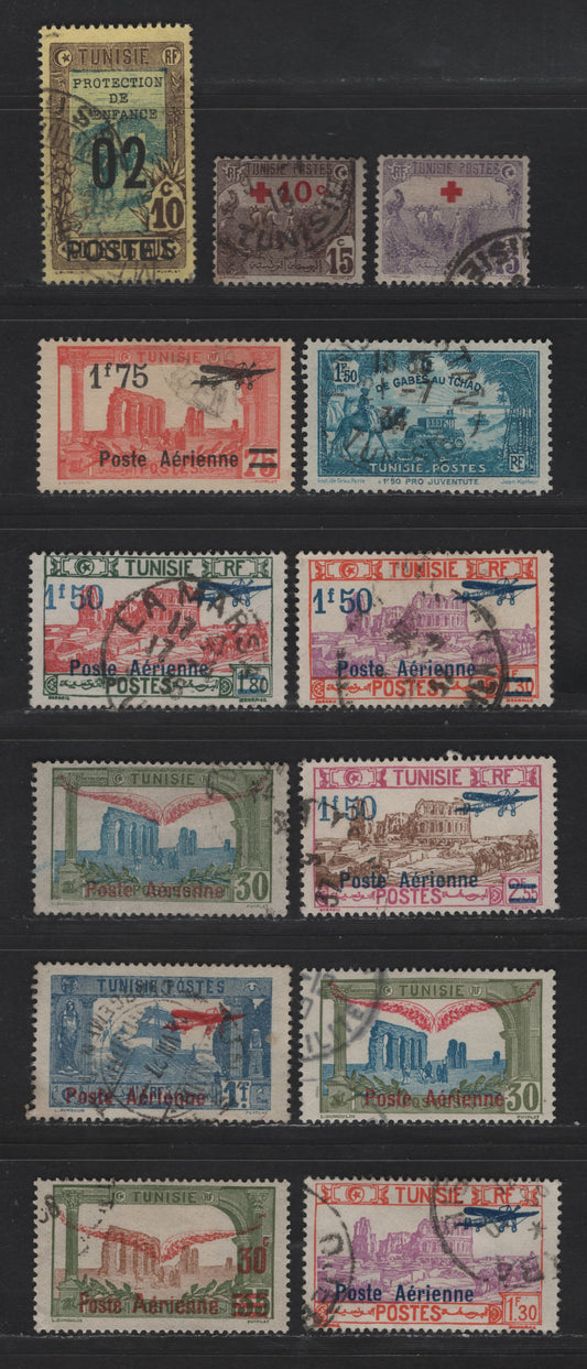 Lot 140 Tunisia SC#C1-C3, C5, C7, C10-C12, B1, B3, B38, B51 30c on 35c - 1.50fr on 2.5fr Olive Green & Brown - Lilac & Olive Brown Mosque at Kairouan - Tunis-Chad Motor Caravan, 1919-1930 Semi Postal - Airmail Issues, 13 Fine/Very Fine Used Singles
