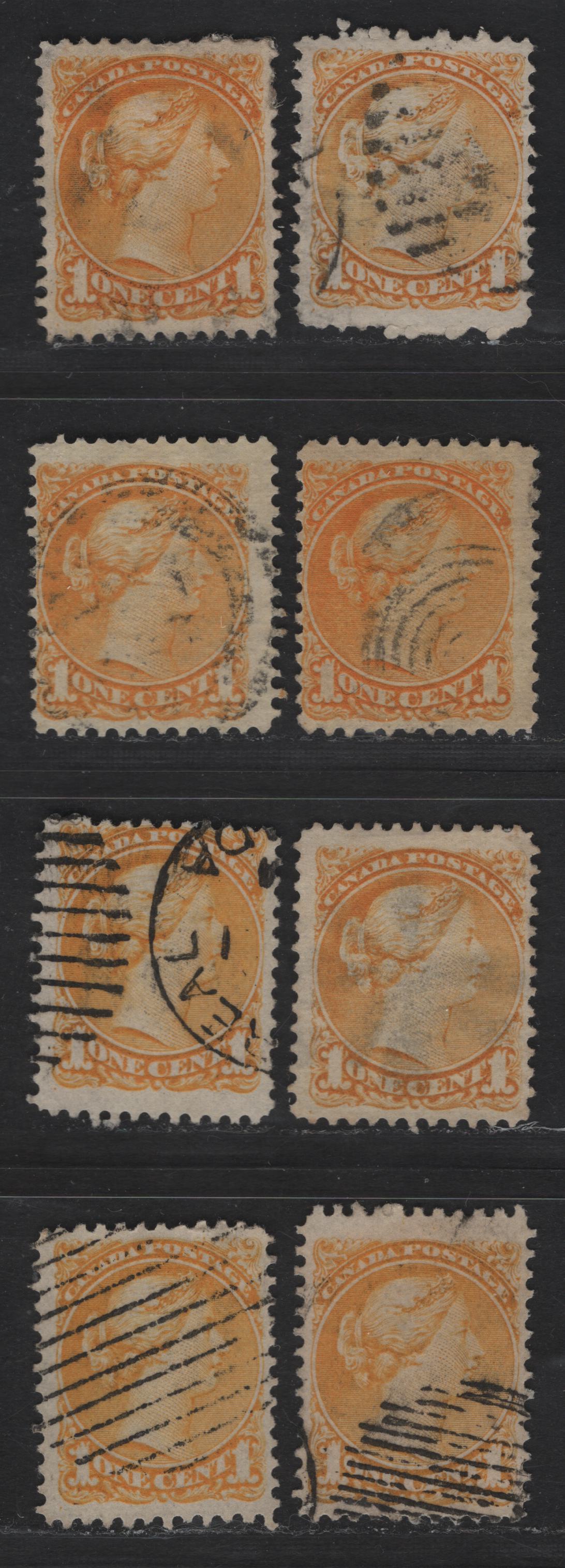 Lot 14 Canada #35i 1c Yellow Queen Victoria, 1870-1893 Small Queen Issue, 8 Fine Used Singles, Mid Montreal Printings, Paper Types MM-B, MM-C & MM-F, Perf 12, Plate Dot In LL