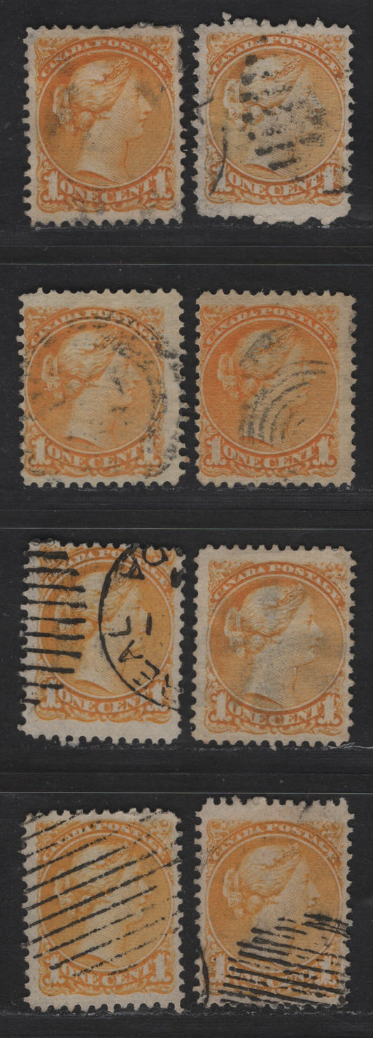 Lot 14 Canada #35i 1c Yellow Queen Victoria, 1870-1893 Small Queen Issue, 8 Fine Used Singles, Mid Montreal Printings, Paper Types MM-B, MM-C & MM-F, Perf 12, Plate Dot In LL