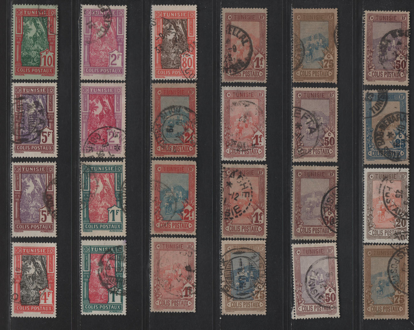 Lot 143 Tunisia SC#J3, J8, J17, J24, J27, J29, J31, Q2-Q10, Q11/Q24 5c - 10fr Blue - Dull Red & Green on Greenish Numeral & Banner - Gathering Dates, 1903-1926 Postage Dues & Parcel Post Issues, 40 Fine/Very Fine Used Singles Some Additional Shades