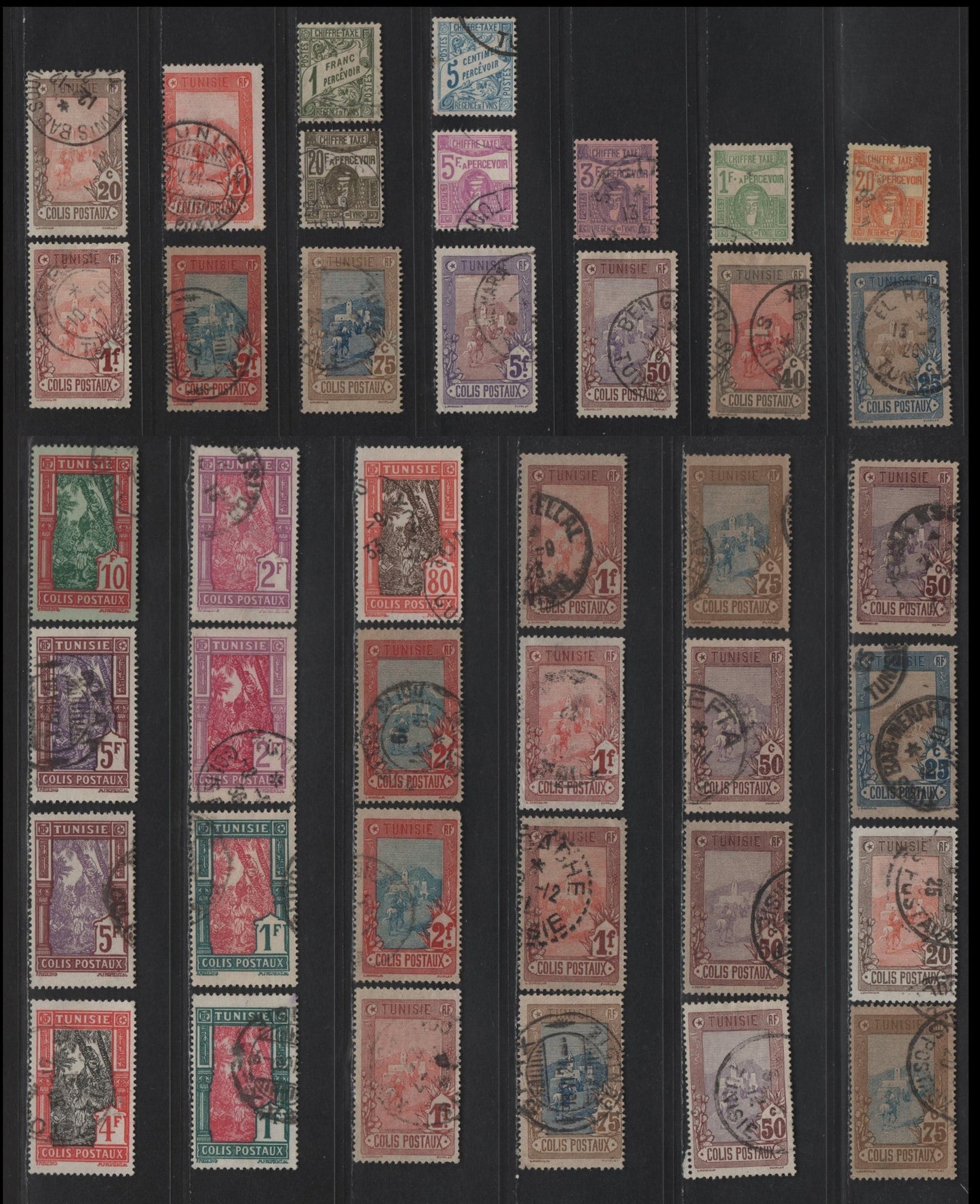 Lot 143 Tunisia SC#J3, J8, J17, J24, J27, J29, J31, Q2-Q10, Q11/Q24 5c - 10fr Blue - Dull Red & Green on Greenish Numeral & Banner - Gathering Dates, 1903-1926 Postage Dues & Parcel Post Issues, 40 Fine/Very Fine Used Singles Some Additional Shades
