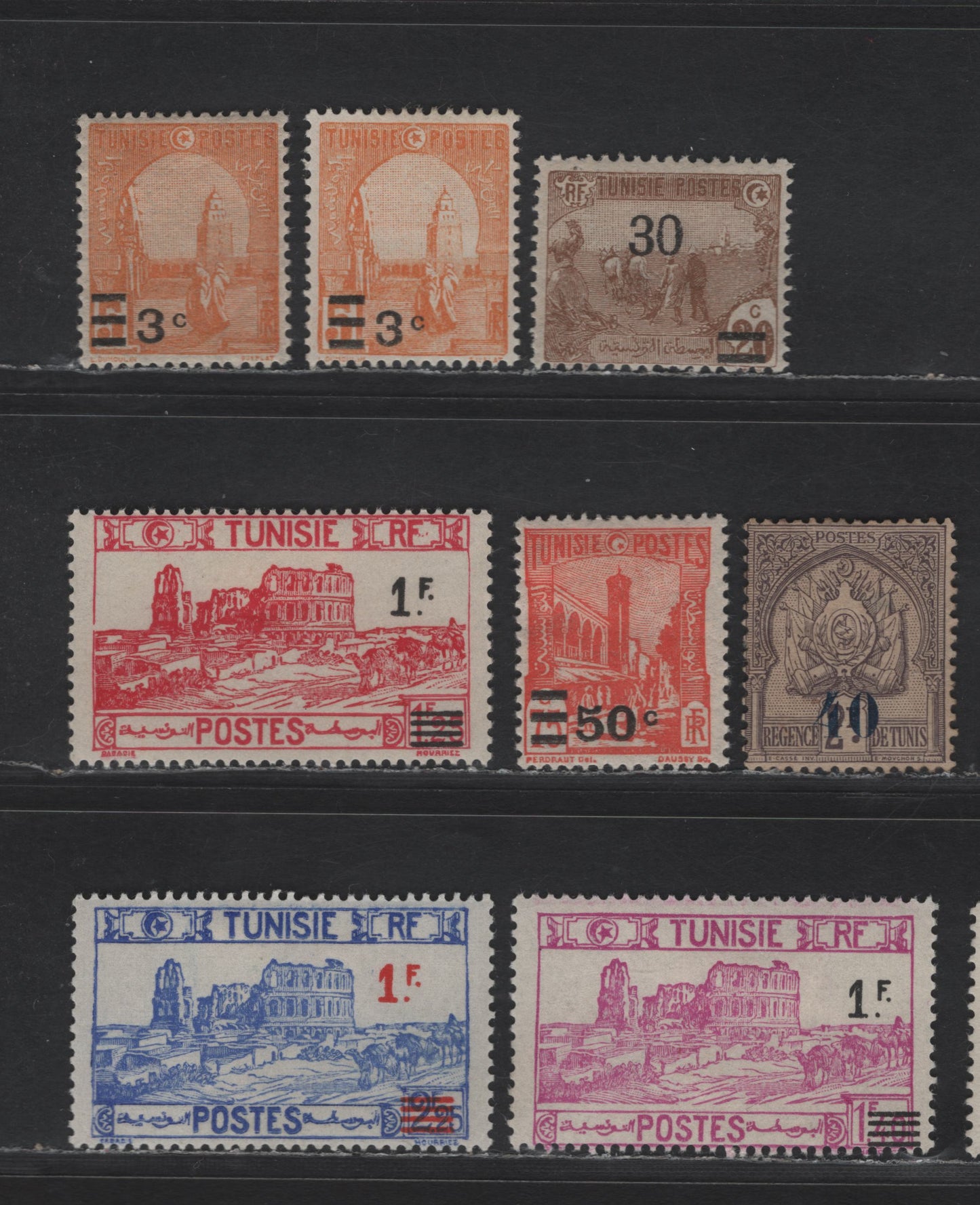 Lot 146 Tunisia SC#60, 72, 115, 119, 150-152 40c on 2fr - 1fr on 2.25fr Dull Violet - Ultramarine Coat of Arms - Roman Amplitheater, El Djem, 1908-1941 Surcharged Issue, 8 F/VFOG & Unused Singles, Small Amount of Gum On #160