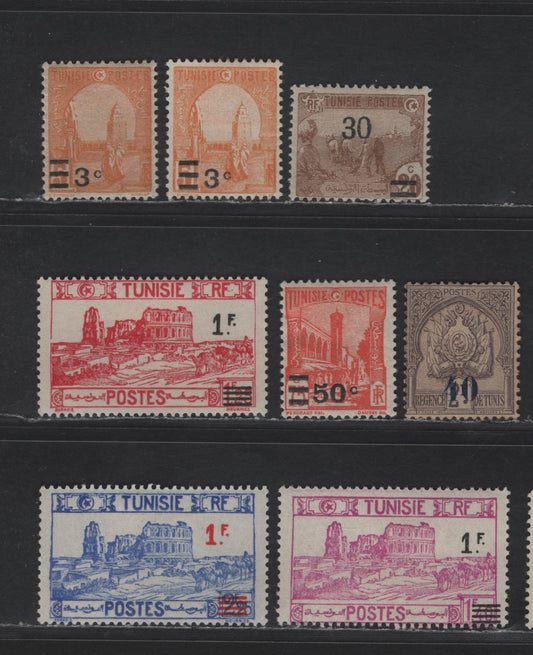 Lot 146 Tunisia SC#60, 72, 115, 119, 150-152 40c on 2fr - 1fr on 2.25fr Dull Violet - Ultramarine Coat of Arms - Roman Amplitheater, El Djem, 1908-1941 Surcharged Issue, 8 F/VFOG & Unused Singles, Small Amount of Gum On #160