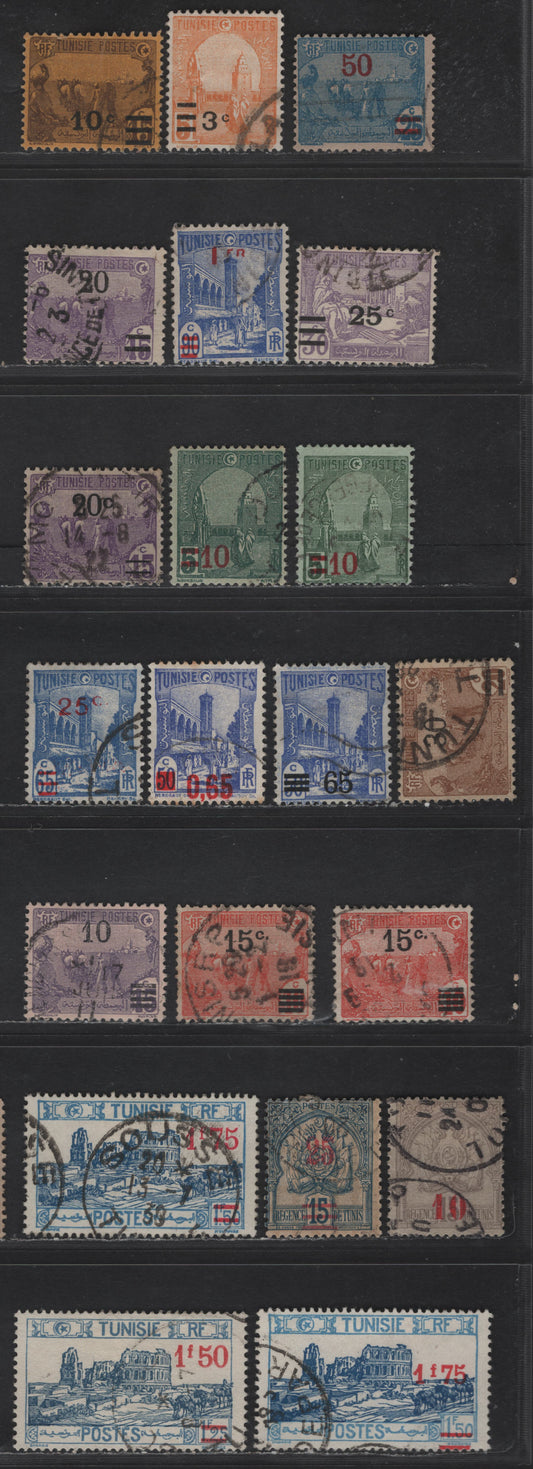 Lot 147 Tunisia SC#28, 58, 62-64, 70-73, 114-117, 143-148 25c on 15c - 1.75fr on 1.50fr Blue - Blue & Dull Blue Coat of Arms - Roman Amplitheater, El Djem, 1902-1940 Surcharged Issues, 21 Fine/Very Fine Used Singles