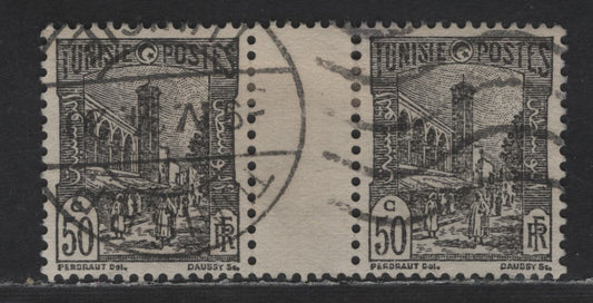 Lot 151 Tunisia SC#87 50c Black Mosque, Tunis, 1926-1946 Pictorial Issue, A Very Fine Used Inter-panneau Pair, Unlisted Gutter Pair