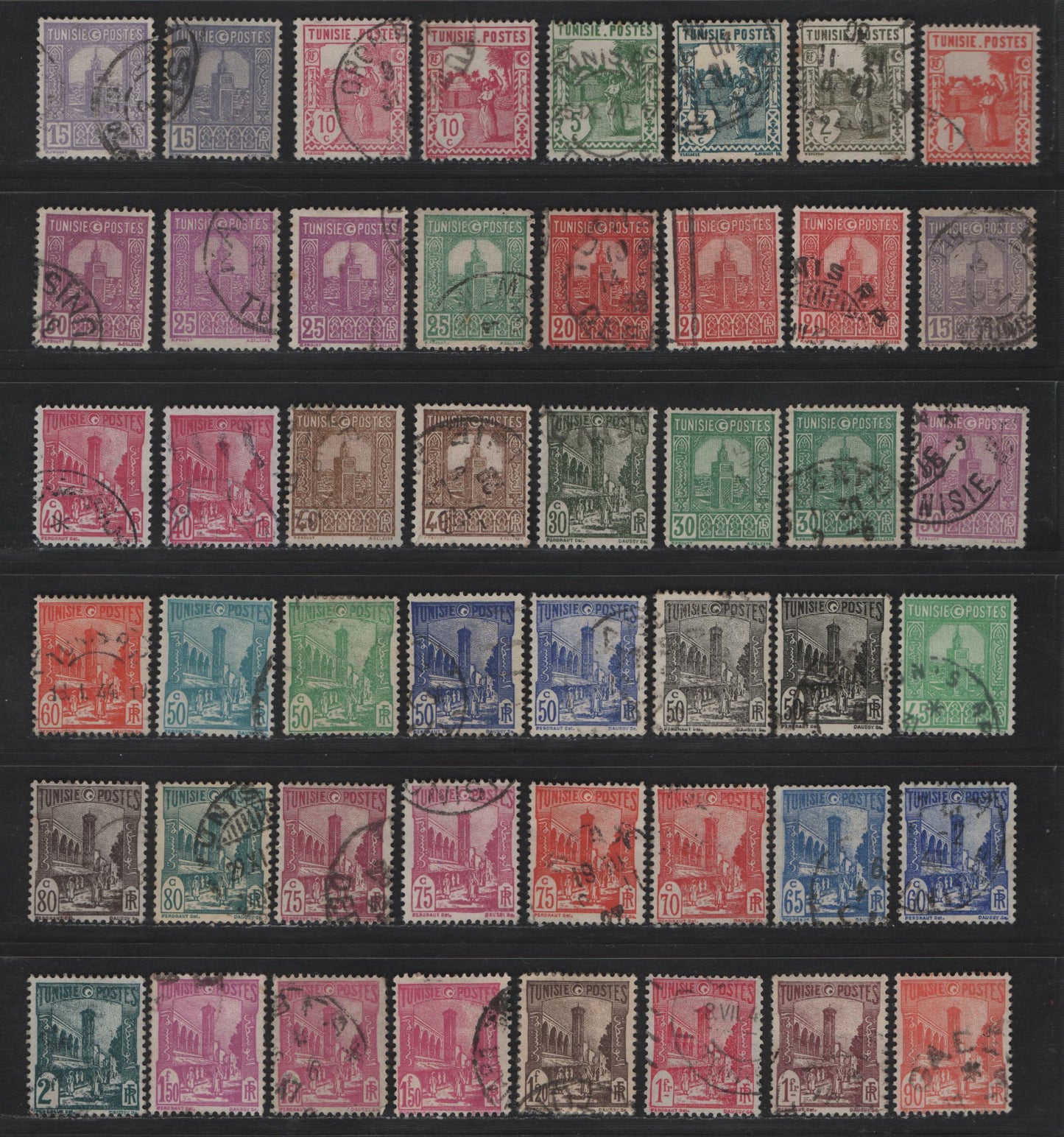 Lot 152 Tunisia SC#74-94A, 95, 97-A, 98A, 102B, 104A 1c - 2fr Light Red - Prussian Green Arab Woman Carrying Water - Mosque, Tunis, 1926-1946 Pictorial Issue, 48 Fine/Very Fine Used Singles, Many Additional Shades