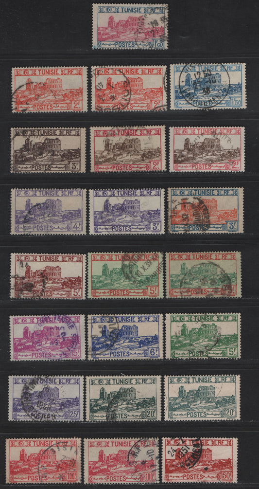 Lot 153 Tunisia SC#98, 102-104, 107-108a, 109-110B, 112C, 113A-D, 187 1.05fr - 100fr Dull Blue & Magenta - Carmine Rose Roman Amphitheater, 1926-1946 Pictorial Issue, 22 Fine/Very Fine Used Singles, Shade Variations