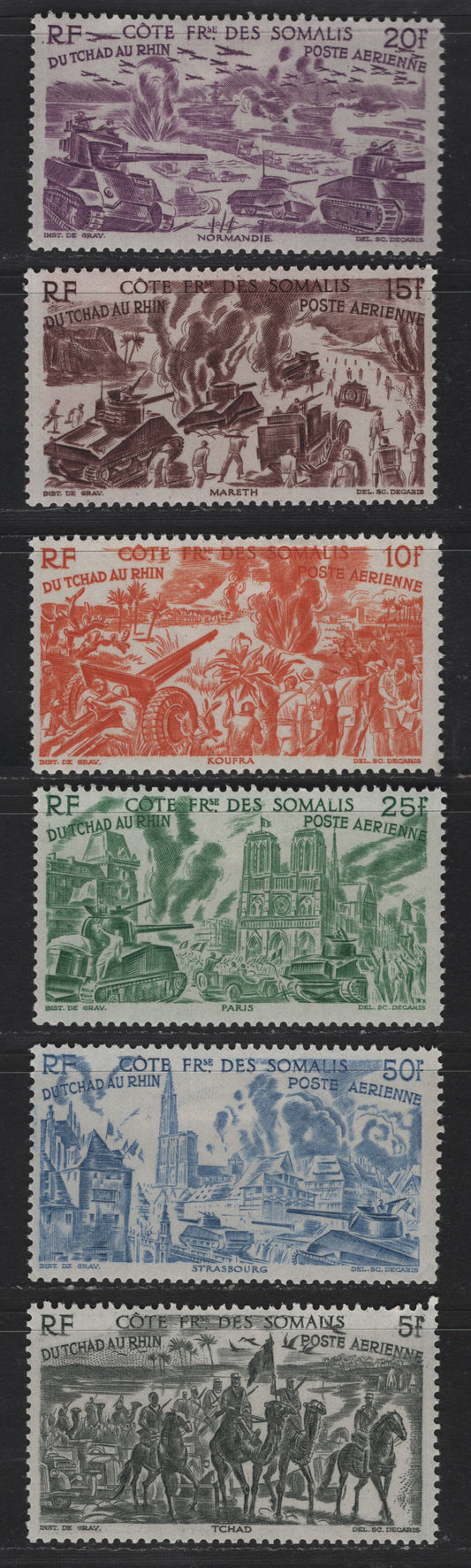 Lot 155 Somali Coast SC#C9-C14 5fr - 50fr Gray Black - Light Ultramarine Chad to Rhine, 1946 Airmail Issue, 6 VFOG Singles