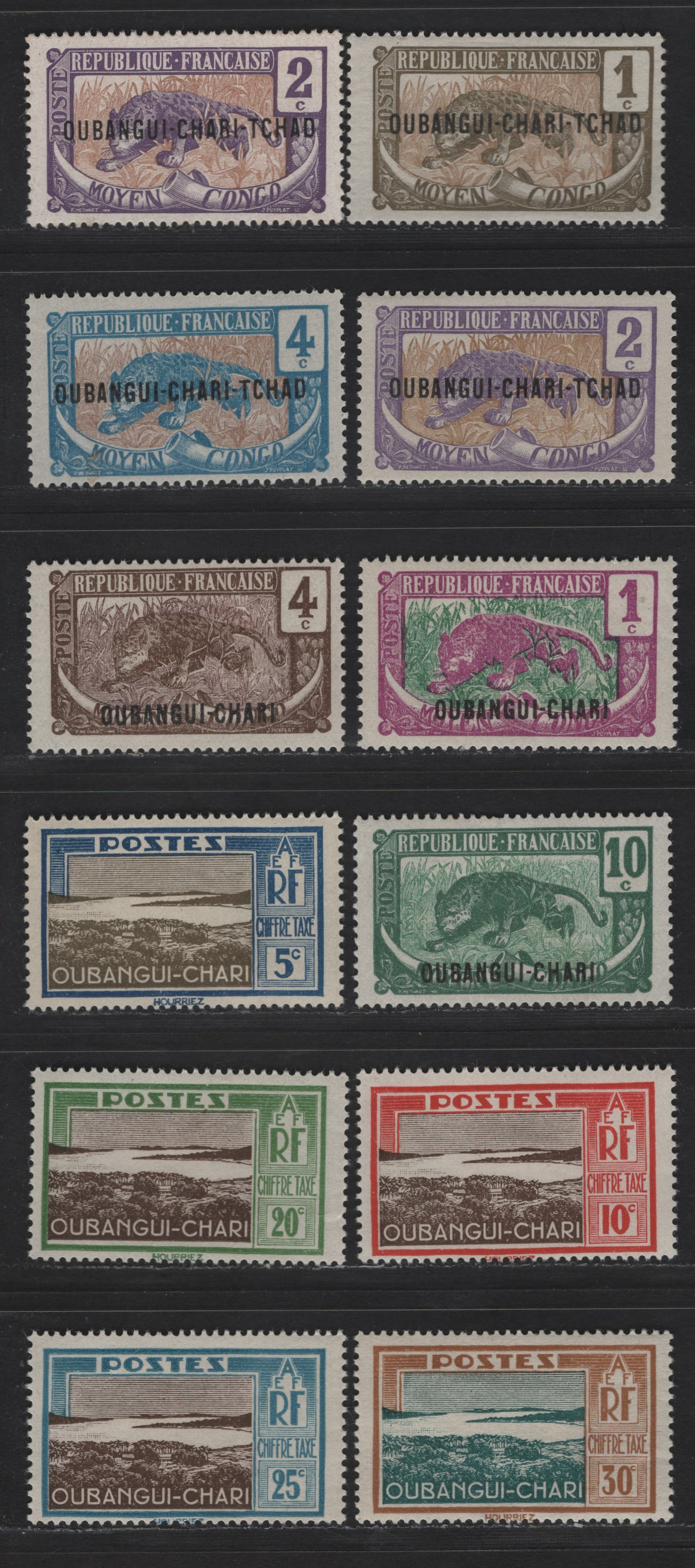 Lot 156 Ubangi-Shari SC#1a, 2-a, 3a, 23, 25, 27, J12-J16 1c - 30c Olive Gray & Brown - Bister Brown & Prussian Blue Tiger - Landscape, 1915-1930 Middle Congo Overprints & Postage Due , 12 F/VFOG Singles