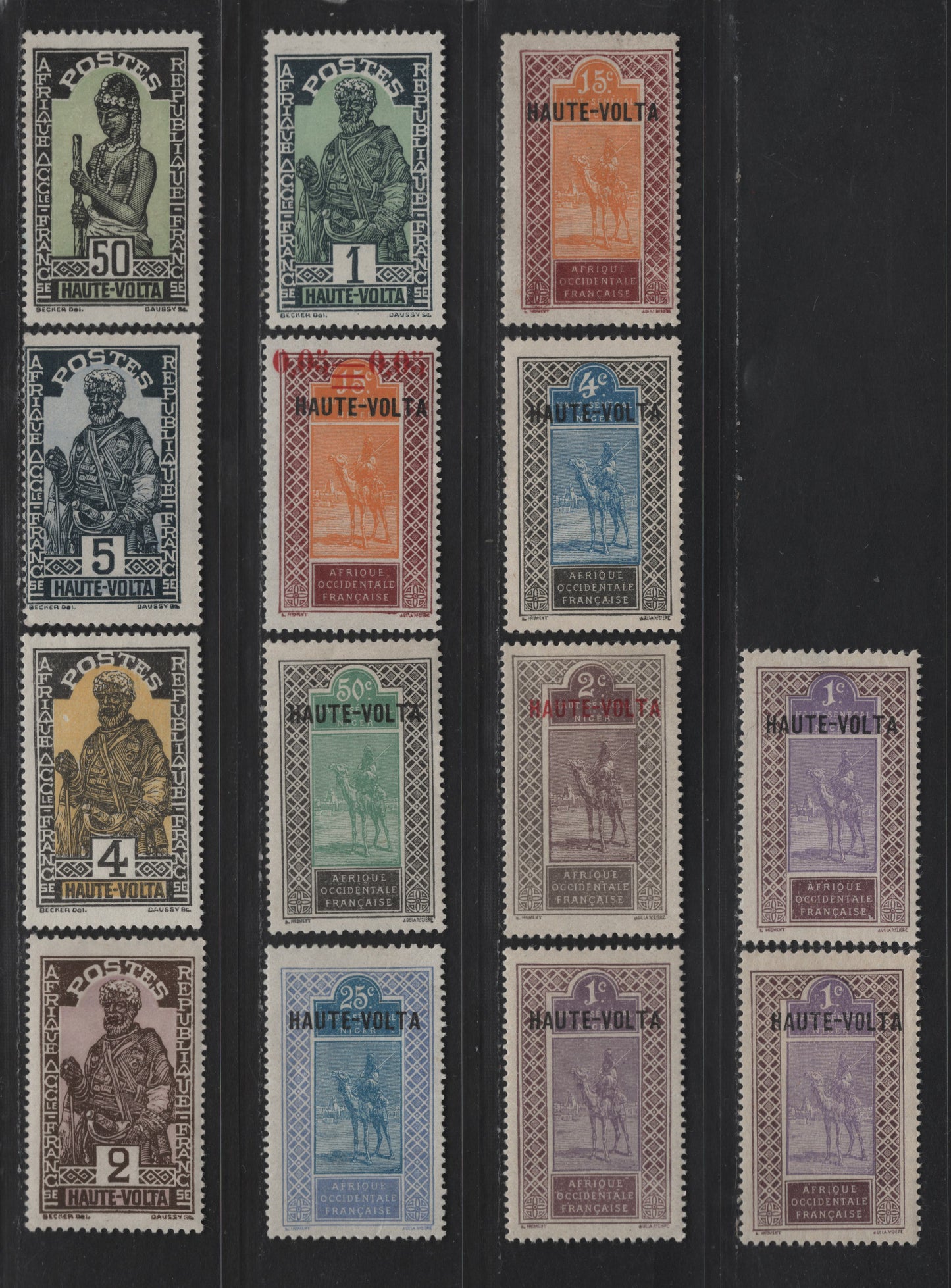 Lot 158 Upper Volta SC#1-4, 9, 11, 20, 31, 43-46, 54 1c - 50c Brown Violet & Violet - Black & Green Women - Hausa Woman, 1920-1928 Upper Volta Overptints & Native Figure Issues, 14 F/VFOG Singles