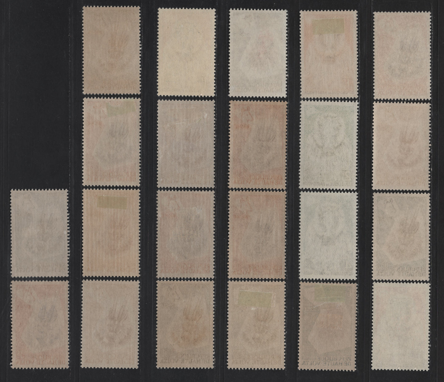 Lot 159 Upper Volta SC#71-78 30c - 6fr Rose & Violet - Greenish Blue & Violet Brown Animal Masks, 1960 Animal Mask Issue, 22 VFOG/NH Singles, Dull Fluorescent, Fluorescent, Medium Fluorescent, High Fluorescent, HB Papers