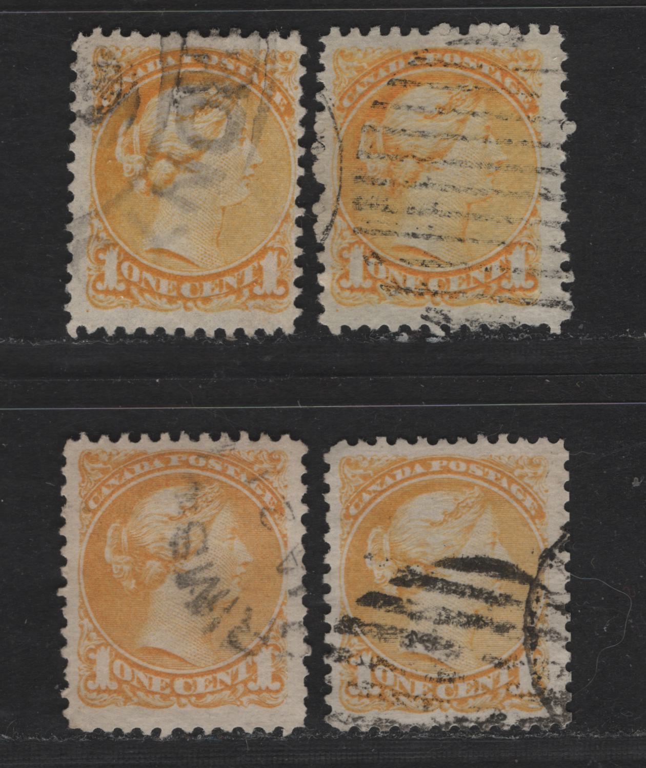 Lot 16 Canada #35i 1c Pale Yellow & Lemon Yellow Queen Victoria, 1870-1893 Small Queen Issue, 4 Fine Used Singles, Mid Montreal Printings, Paper Types MM-B, LM-A, MM-F & MM-E, Plate Dots  At Lower Left