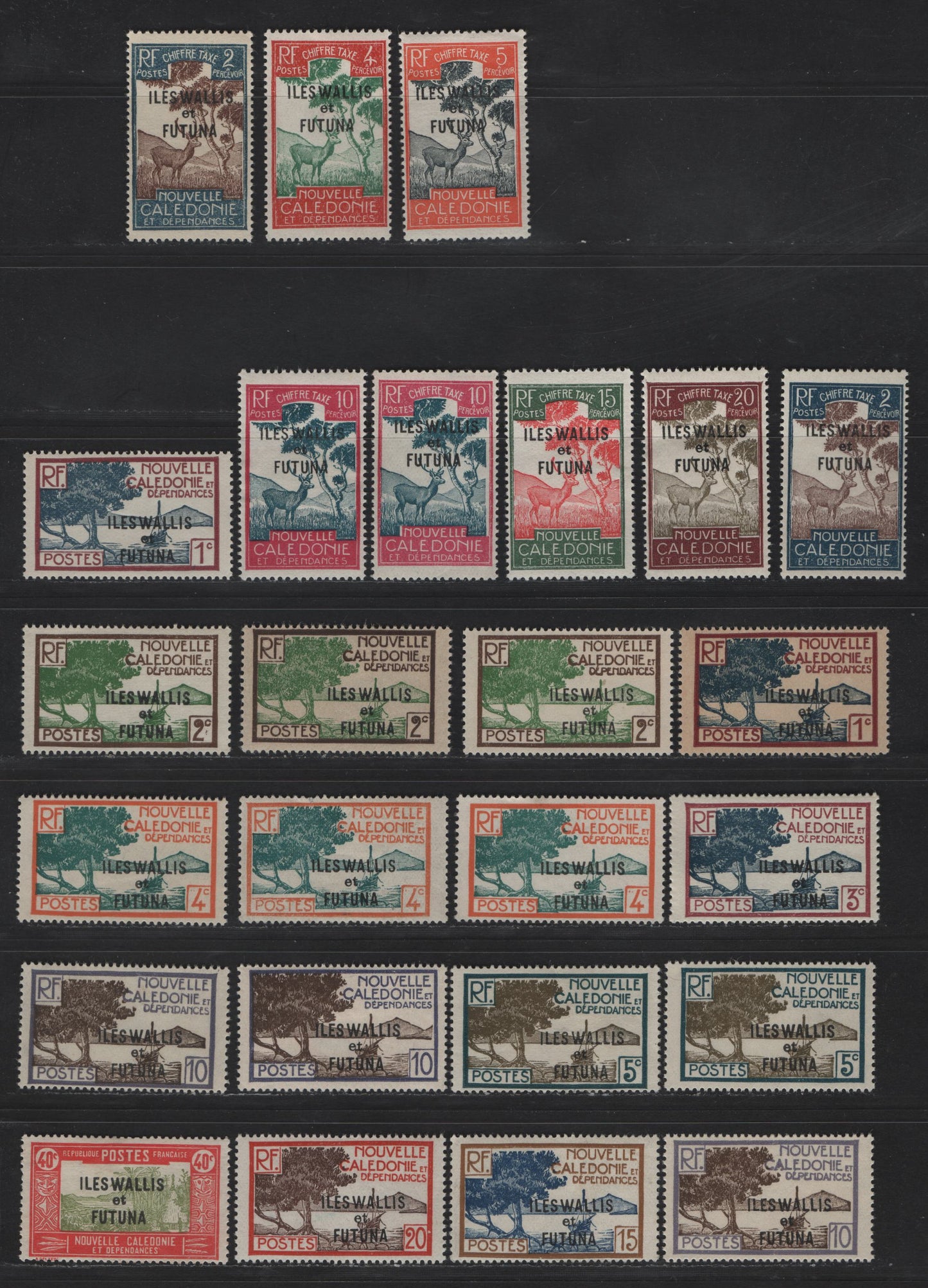 Lot 163 Wallis & Futuna Island SC#43-50, 54. J11-J16 1c - 20c Brown Violet & Indigo - Maroon & Olive Green Overprints - Numeral, 1930-1940 Overprints & Postage Dues, 25 F/VFOG Singles, With Shades & Toned Paper Varieties