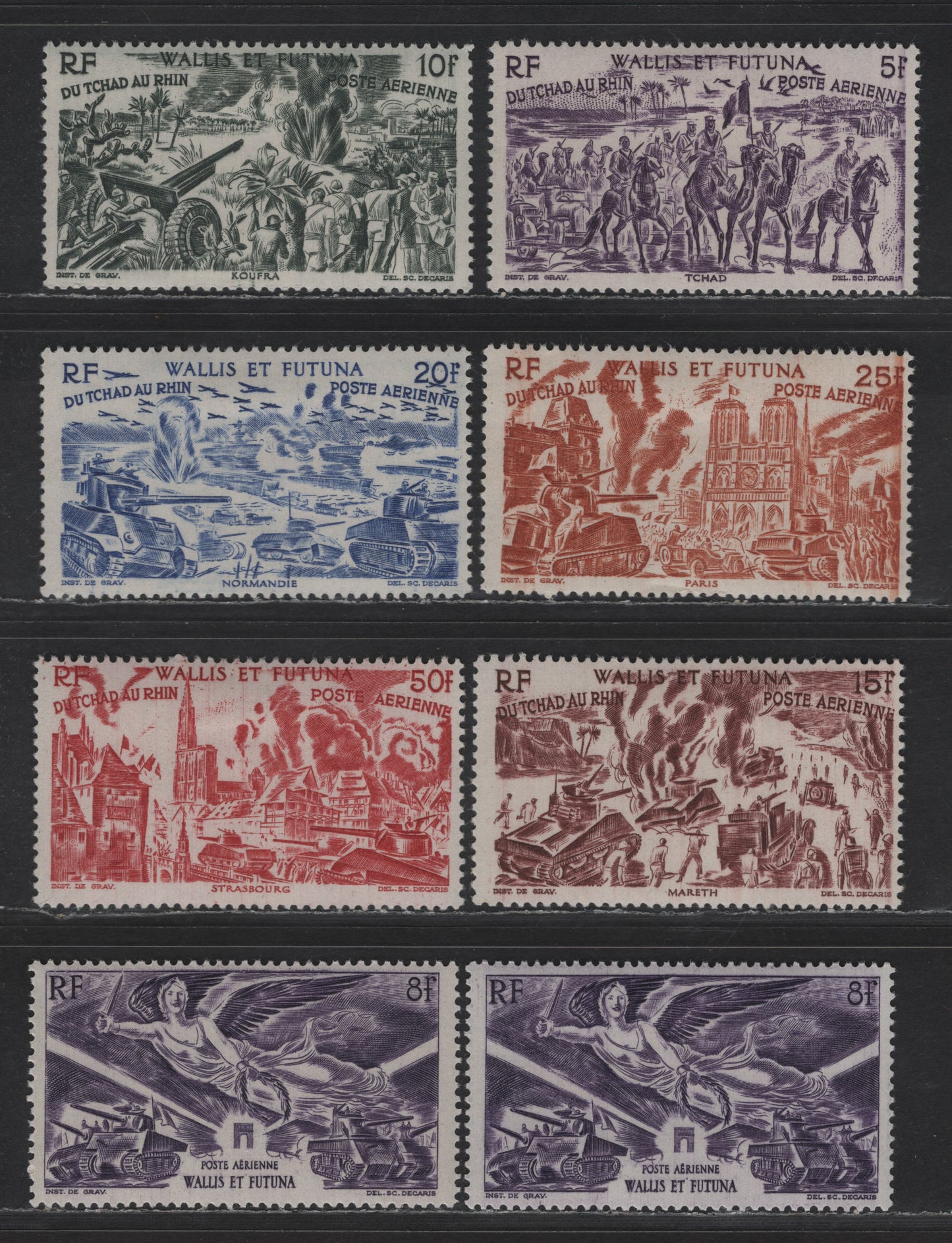 Lot 164 Wallis & Futuna Island SC#C1-C7 8fr - 50fr Violet - Carmine Victory - Chad to Rhine, 1946 Airmail Issues, 8 VFOG Singles, Two Shades Of 8fr Victory