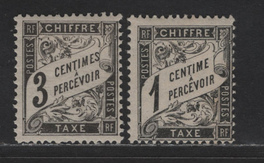 Lot 166 France SC#J11, J13 1c & 3c Black Numeral & Banner, 1882-1892 Postage Dues, 2 FOG Singles