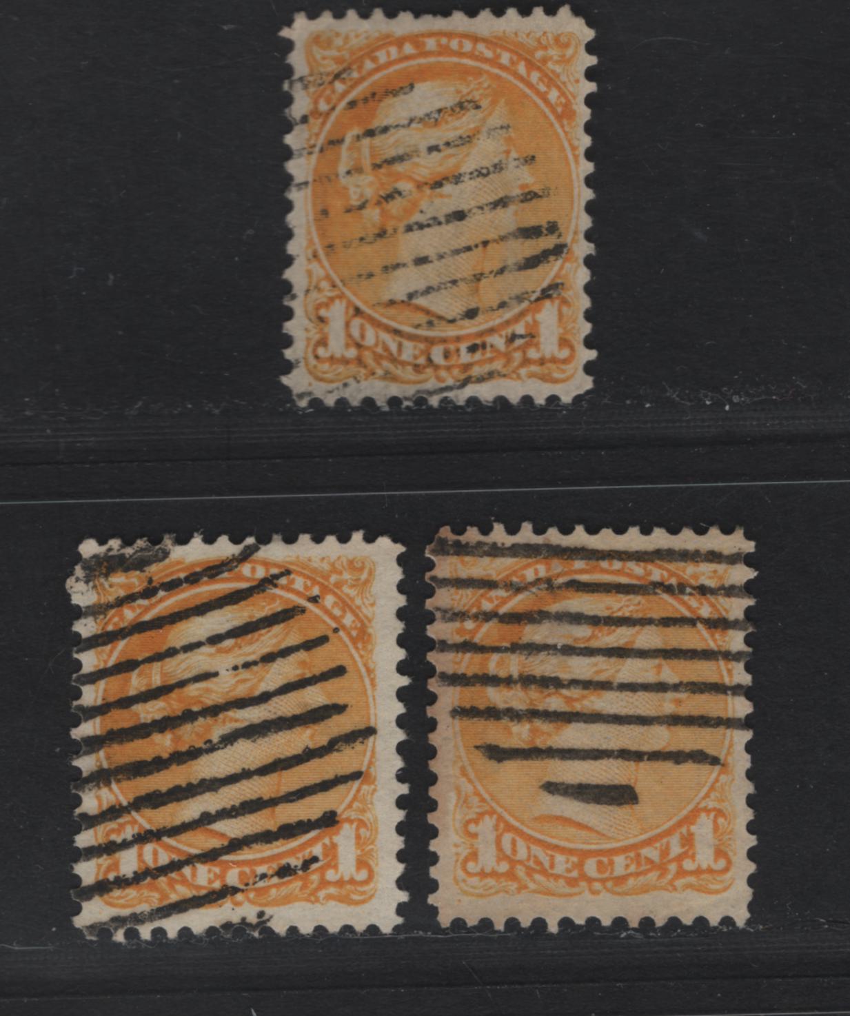Lot 17 Canada #35i 1c Yellow Queen Victoria, 1870-1893 Small Queen Issue, 3 Fine/Very Fine Used Singles, Mid Montreal Printings, Paper Types MM-B, Plate Dot In Lower Left Corner, Different Shades