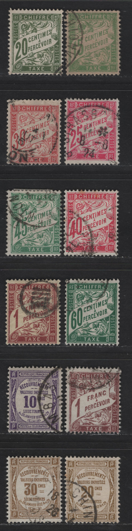 Lot 178 France SC#J31a, J32-J34, J36-J37, J39, J41-J42, J47-J49 15c - 30c Light Green on Grayish - Bistre Numeral & Banner, 1893-1941 Postage Dues, 12 Fine/Very Fine Used Singles