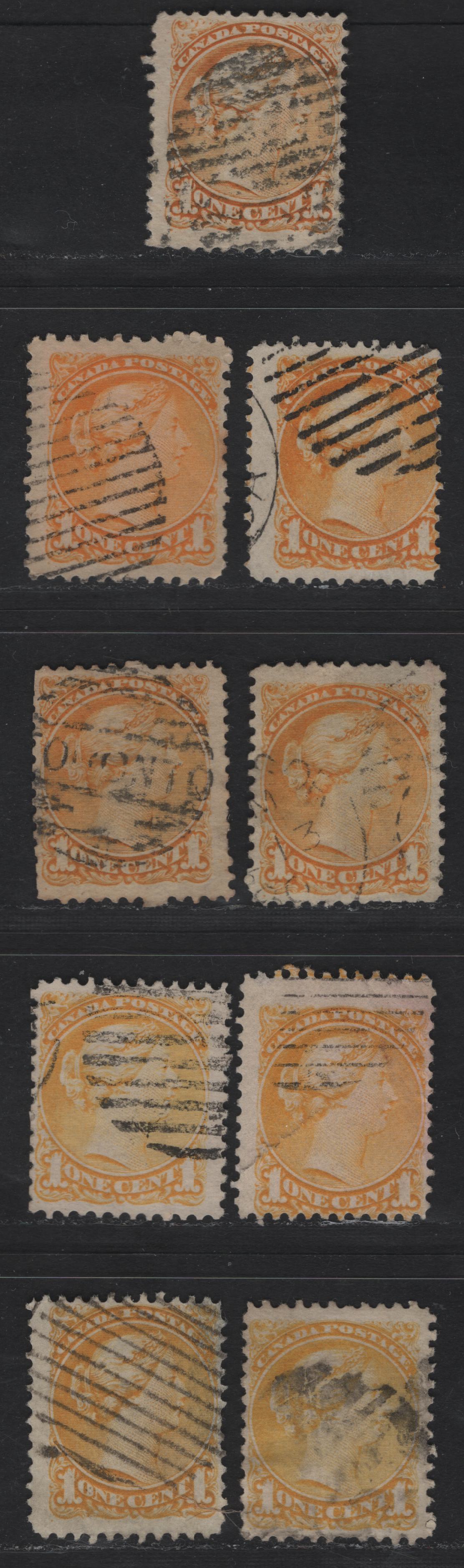 Lot 18 Canada #35i 1c Yellow Queen Victoria, 1870-1893 Small Queen Issue, 9 Ungraded Used Singles, Mid Montreal Printings, Perf 12, Unchecked For Paper Types, Useful Reference Lot, Generally VG