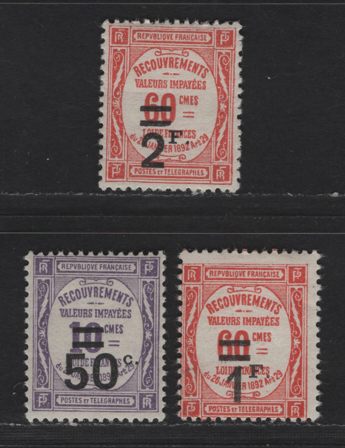 Lot 181 France SC#J54, J56-J57 50c on 1oc - 2fr on 60fr Lilac - Red Numeral, 1926 Surcharged Postage Dues, 3 FOG Singles