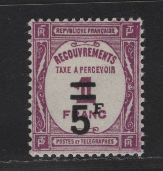 Lot 182 France SC#J67 5fr on 1fr Red Violet Numeral, 1929 Surcharged Postage Dues, A VFOG Single