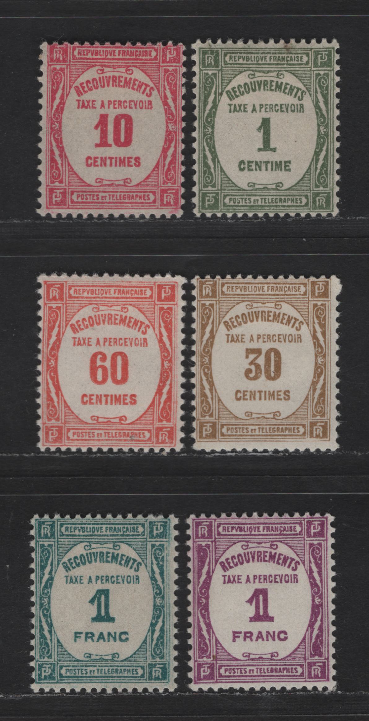Lot 184 France SC#J58-J63 1c - 1fr Olive Green - Prussian Green Numeral, 1927-1931 Postage Dues, 6 FOG SIngles